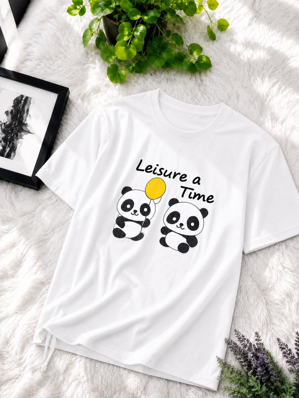Premium Cotton Cute Panda Print Drop Shoulder T-Shirt with Adjustable Drawstring for Women