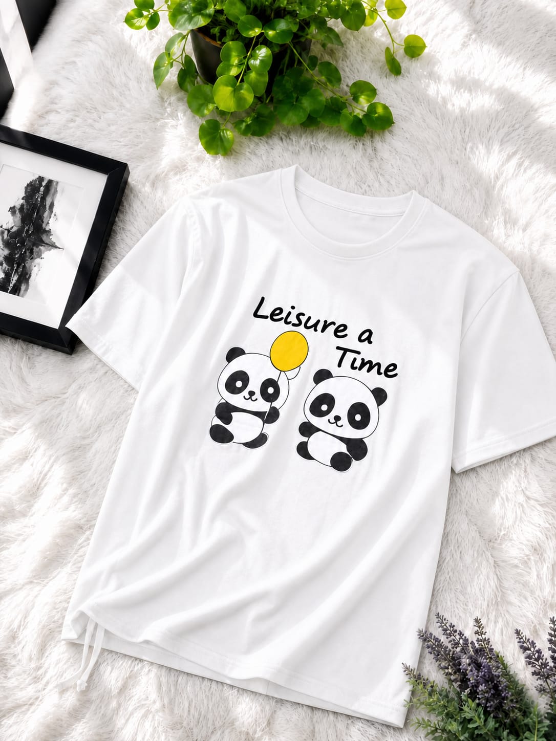 Premium Cotton Cute Panda Print Drop Shoulder T-Shirt with Adjustable Drawstring for Women
