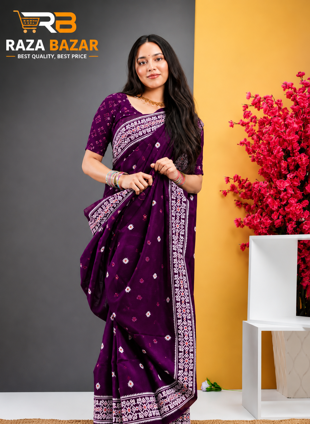 Half Silk Screen Print Saree with Jamdani Motif Design