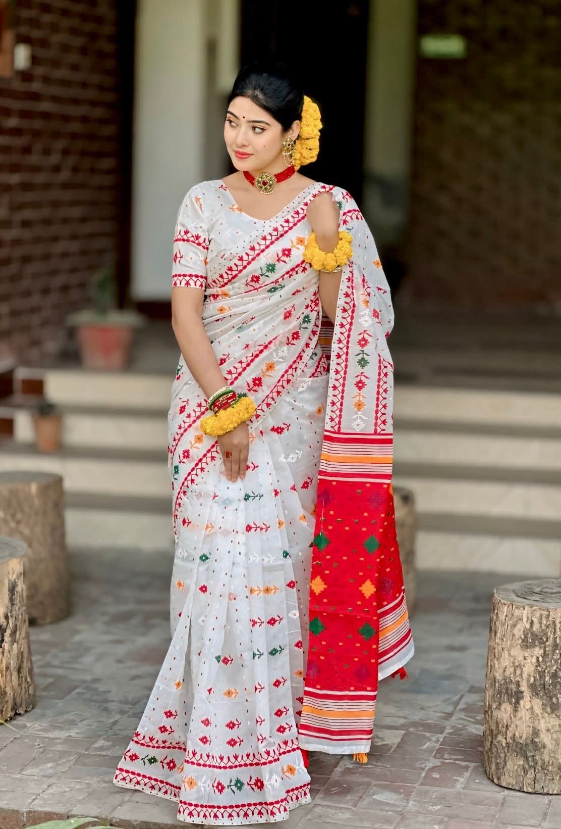 Boisakhi Collection: Half Silk Jamdani Block Print Saree - White & Red