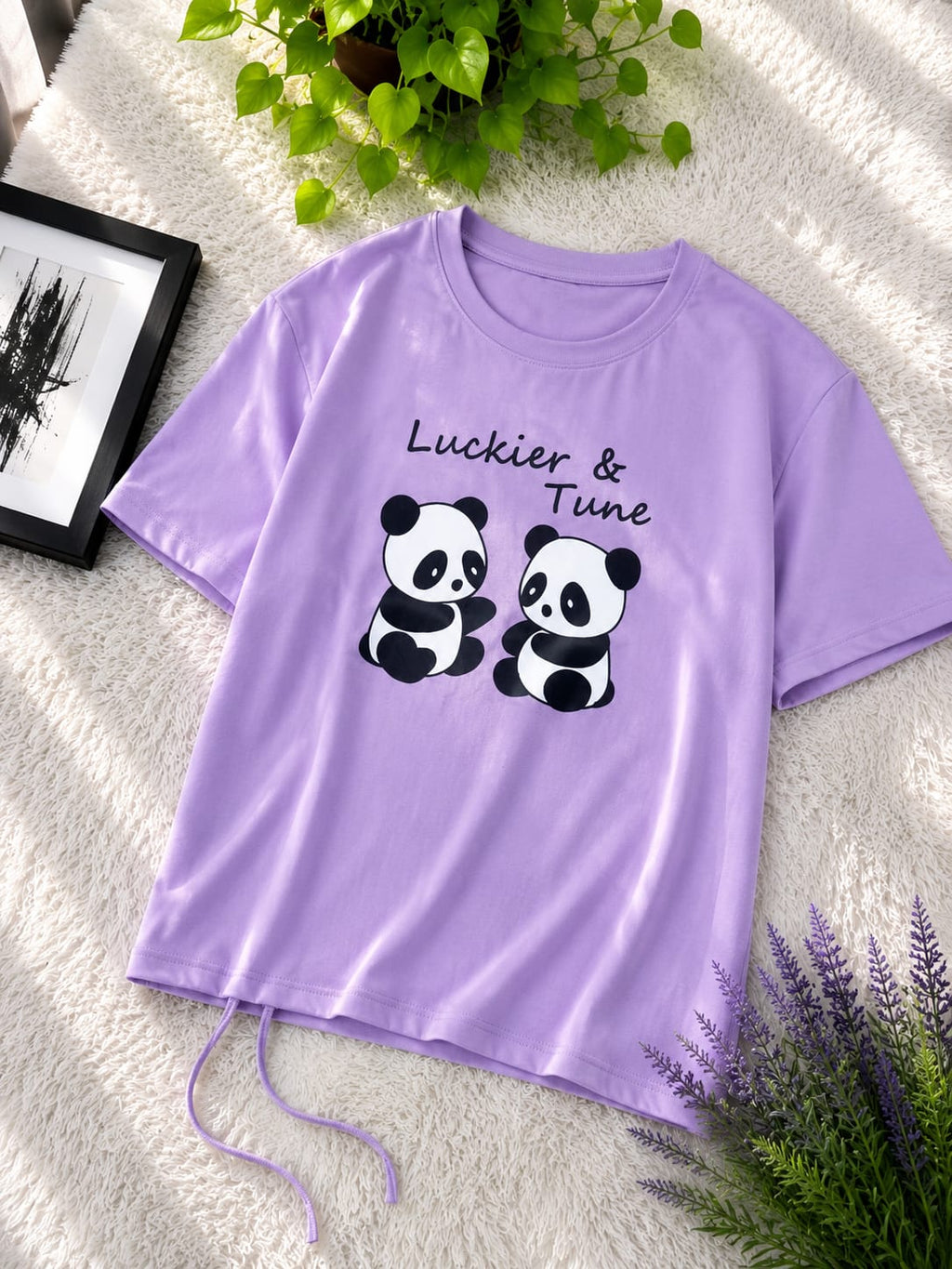 Premium Cotton Cute Panda Print Drop Shoulder T-Shirt with Adjustable Drawstring for Women