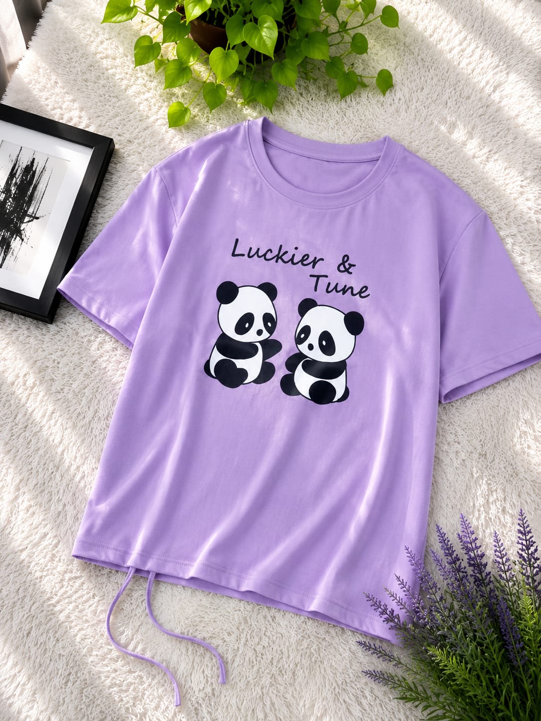 Premium Cotton Cute Panda Print Drop Shoulder T-Shirt with Adjustable Drawstring for Women