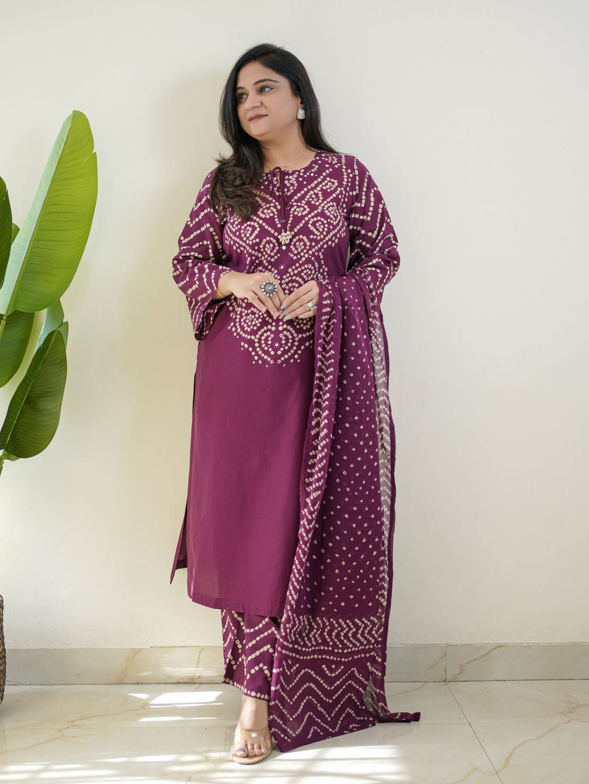 "SANCHI" Premium Cotton Chunri Print Three-Piece - Maroon