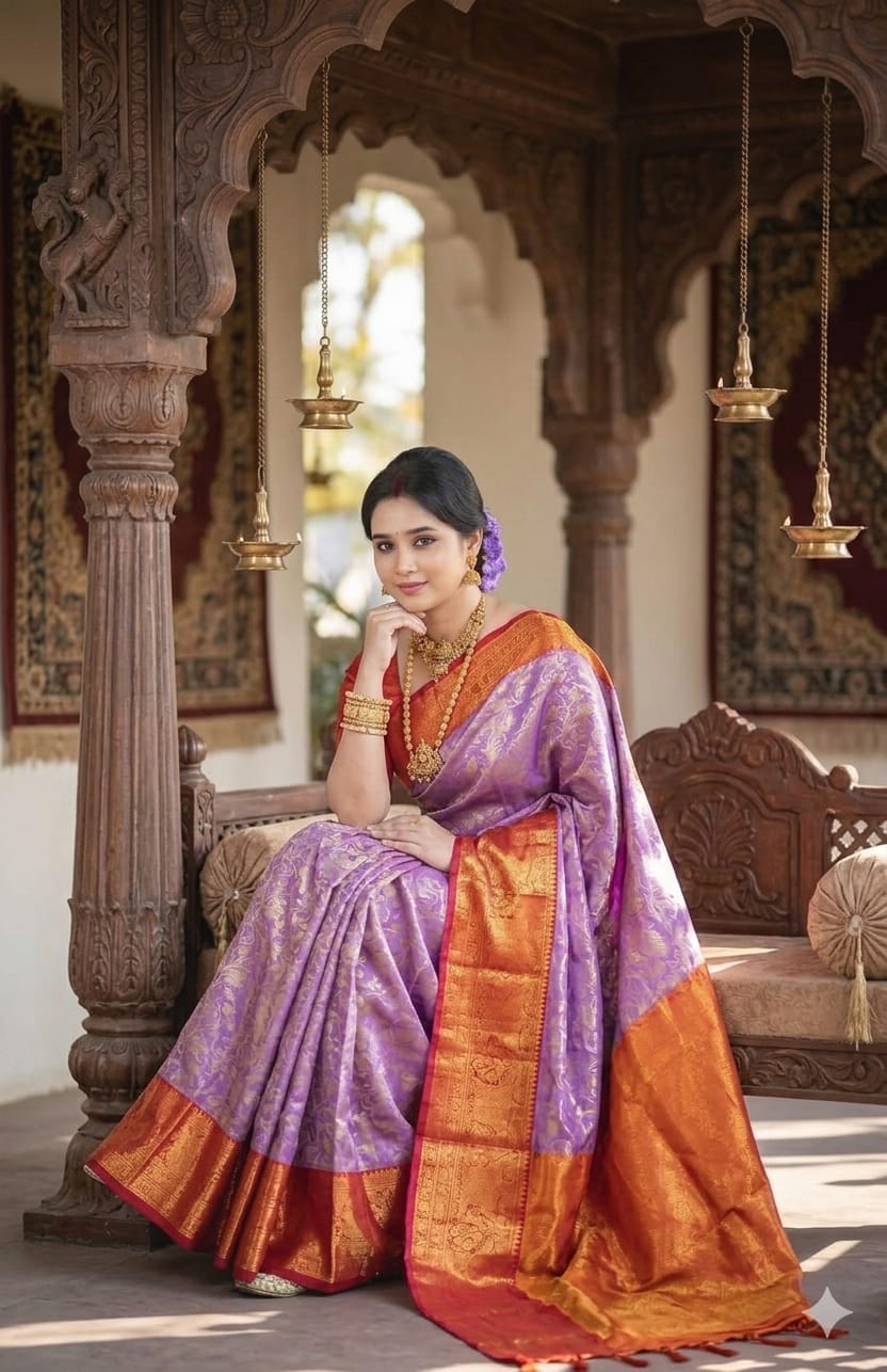 Royal Kanjivaram Katan Saree with Blouse Piece - Lavender & Orange