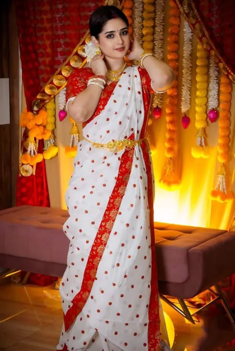 Boishakhi Special Screen Printed Premium Half Cotton Saree with Blouse Piece - White & Yellow