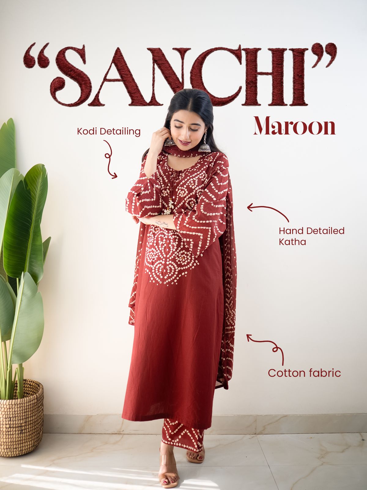 "SANCHI" Premium Cotton Chunri Print Three-Piece - Maroon