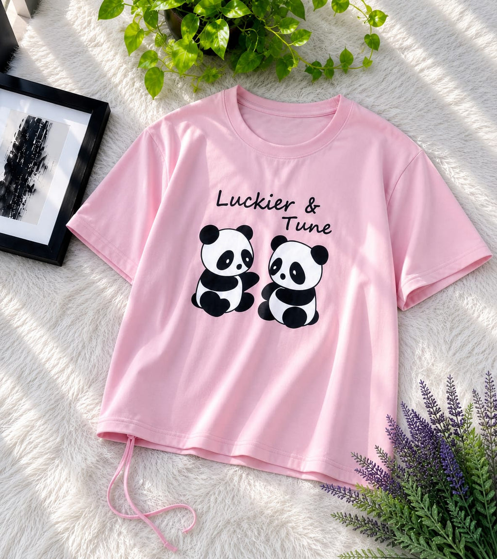 Premium Cotton Cute Panda Print Drop Shoulder T-Shirt with Adjustable Drawstring for Women