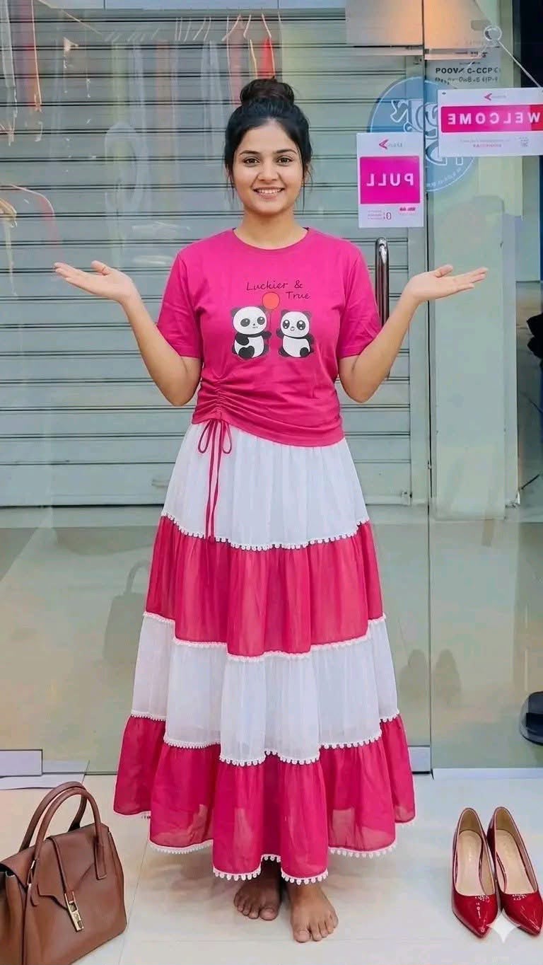 Skirt Set, Panda T-shirt, Georgette Skirt, Women Clothing, Two Piece, Raza Bazar