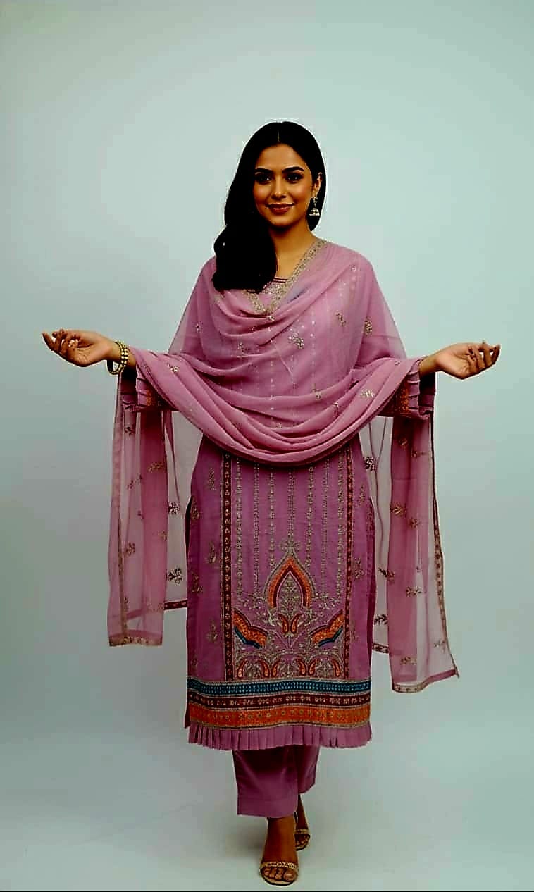Pakistani Ready Made Party 4 Pieces – Cape Chiffon Georgette | Dusty Mauve
