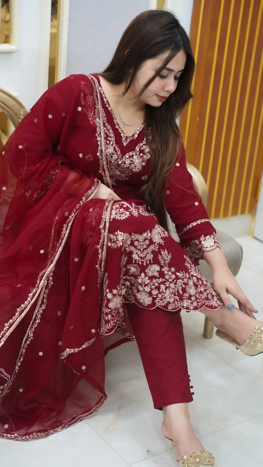 Exclusive Sequence Embroidery Work Rayon Cotton Three Piece
