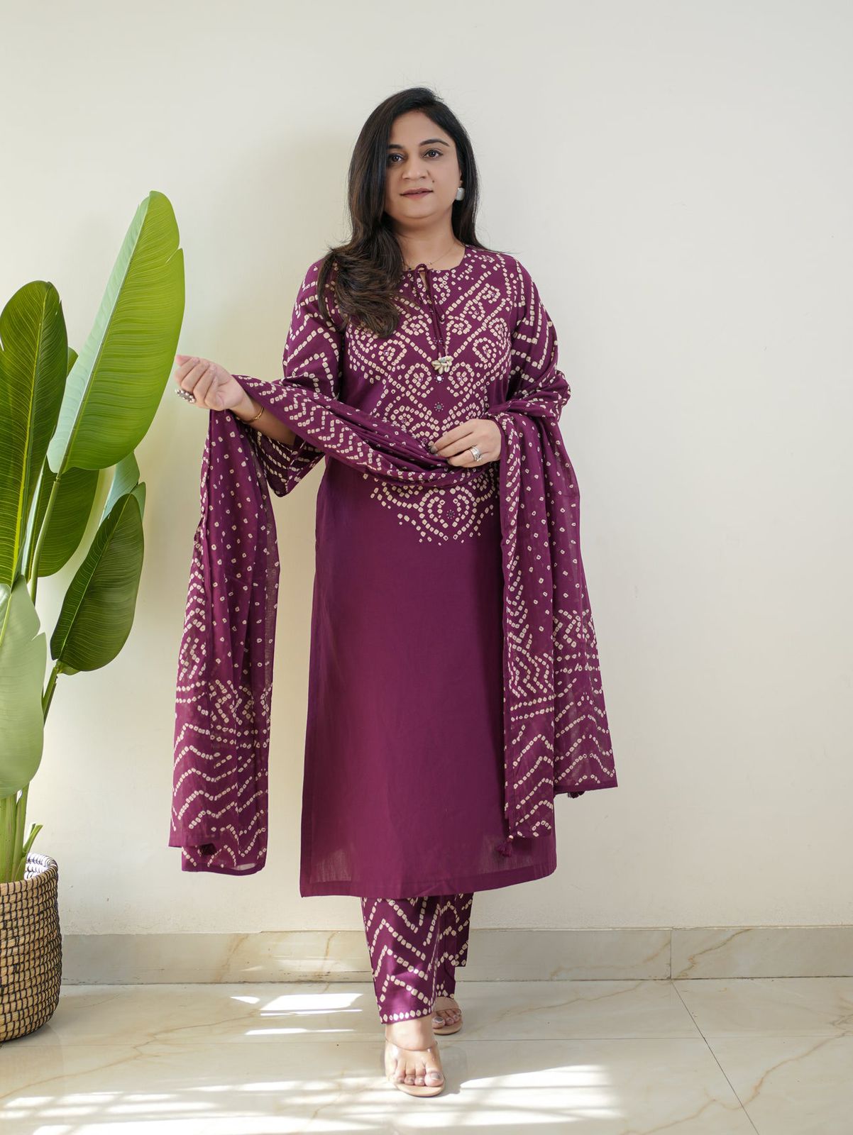 "SANCHI" Premium Cotton Chunri Print Three-Piece - Maroon