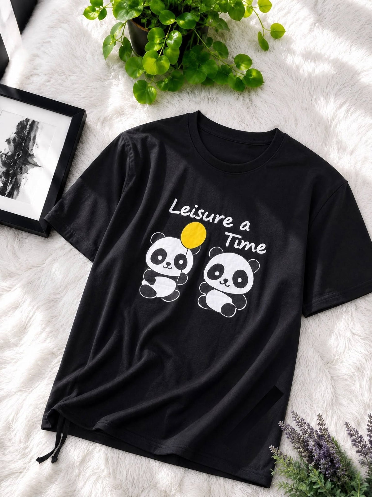 Premium Cotton Cute Panda Print Drop Shoulder T-Shirt with Adjustable Drawstring for Women