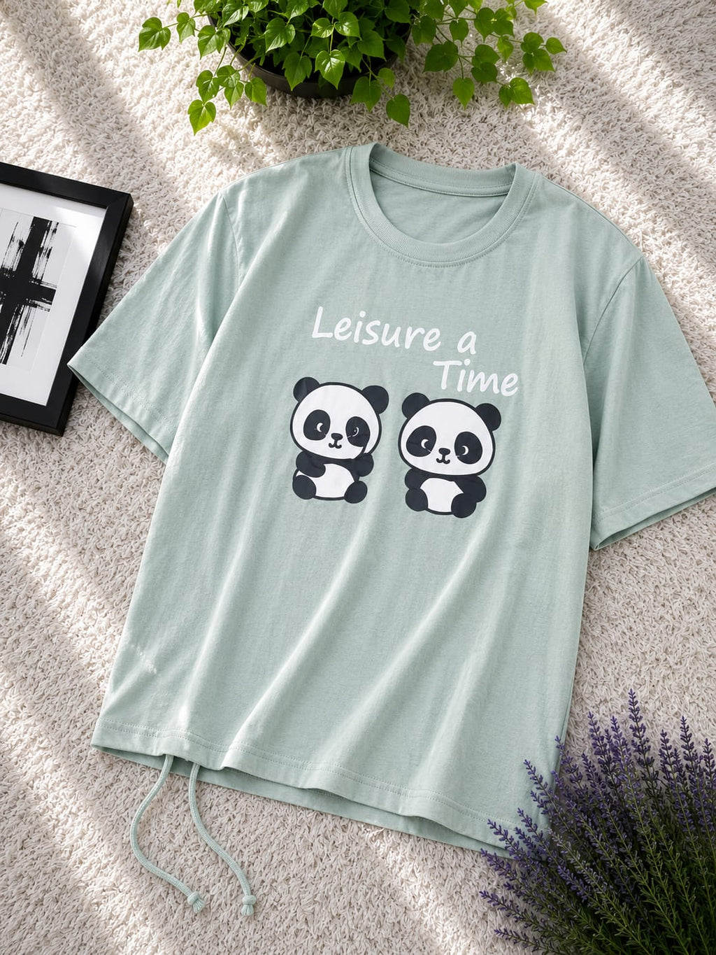 Premium Cotton Cute Panda Print Drop Shoulder T-Shirt with Adjustable Drawstring for Women