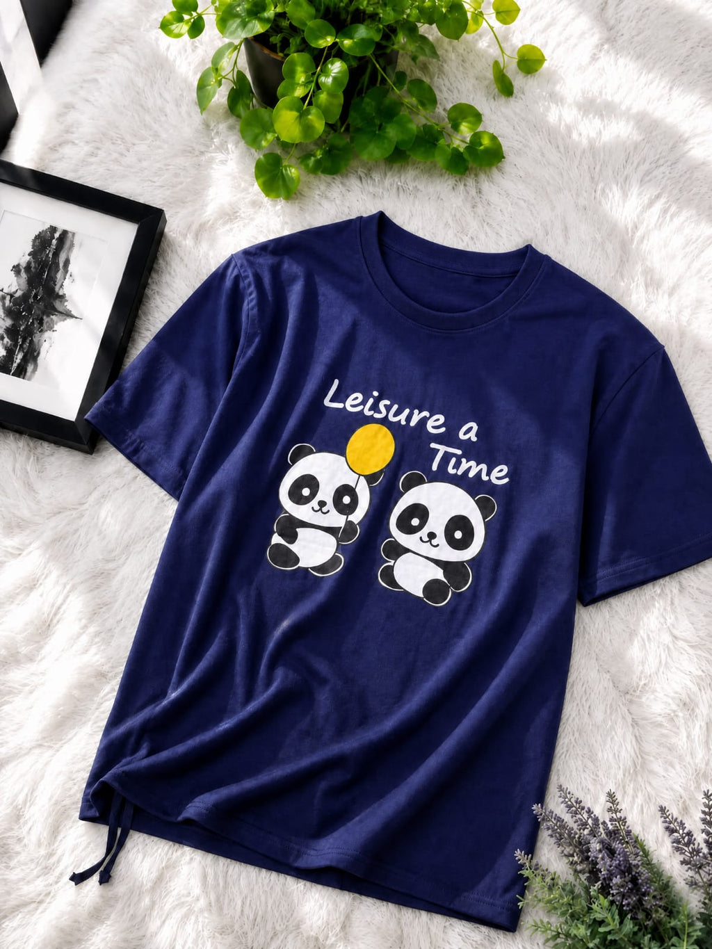 Premium Cotton Cute Panda Print Drop Shoulder T-Shirt with Adjustable Drawstring for Women