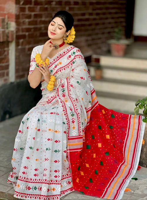 Boisakhi Collection: Half Silk Jamdani Block Print Saree - White & Red