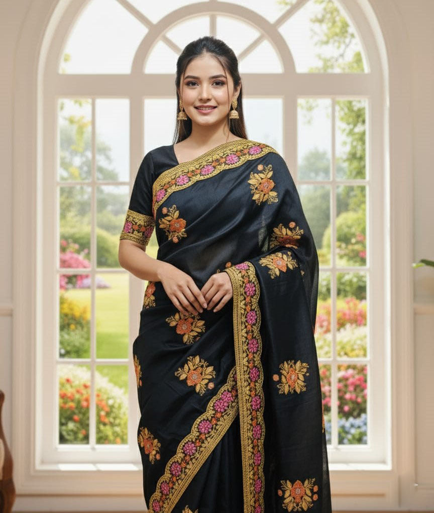 Premium Semi Muslin Sequence Embroidery Sharee with Running Blouse