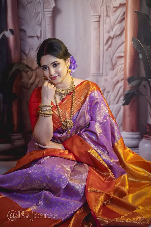 Royal Kanjivaram Katan Saree with Blouse Piece - Lavender & Orange