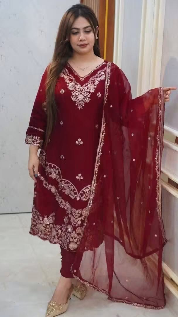 Exclusive Sequence Embroidery Work Rayon Cotton Three Piece