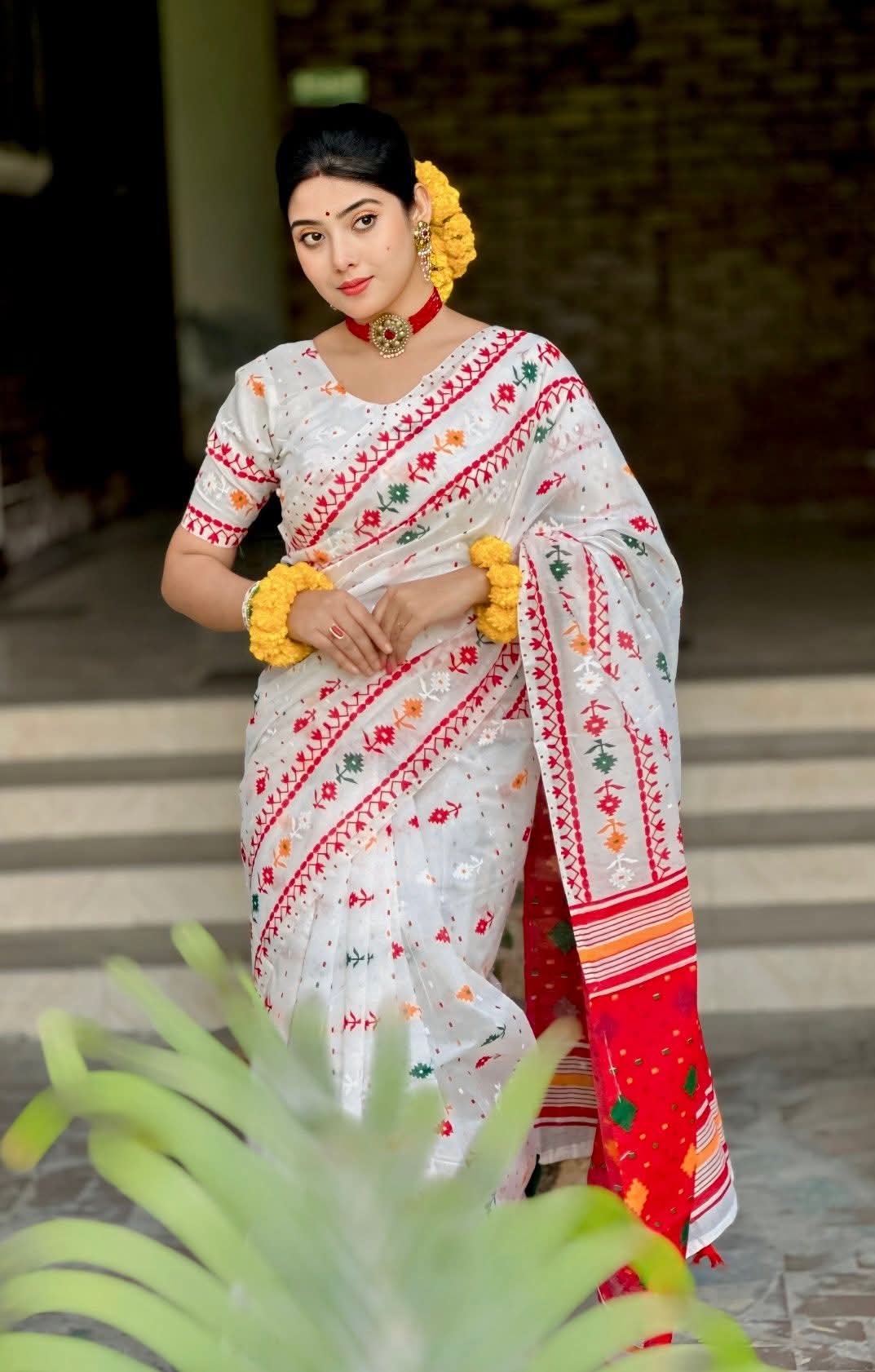 Boisakhi Collection: Half Silk Jamdani Block Print Saree - White & Red