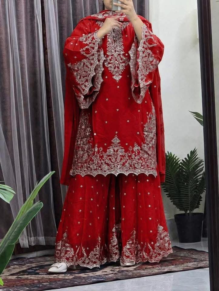 Premium Indian Georgette Embroidery Garara Dress - Orange