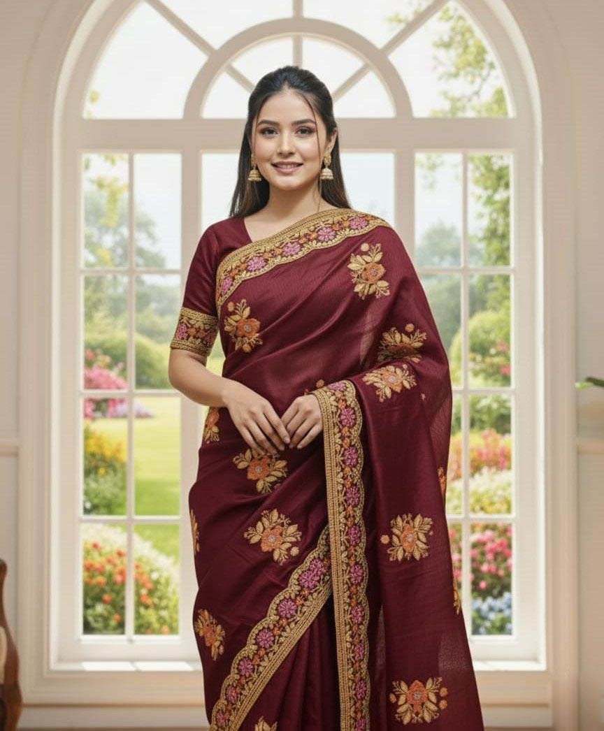 Premium Semi Muslin Sequence Embroidery Sharee with Running Blouse