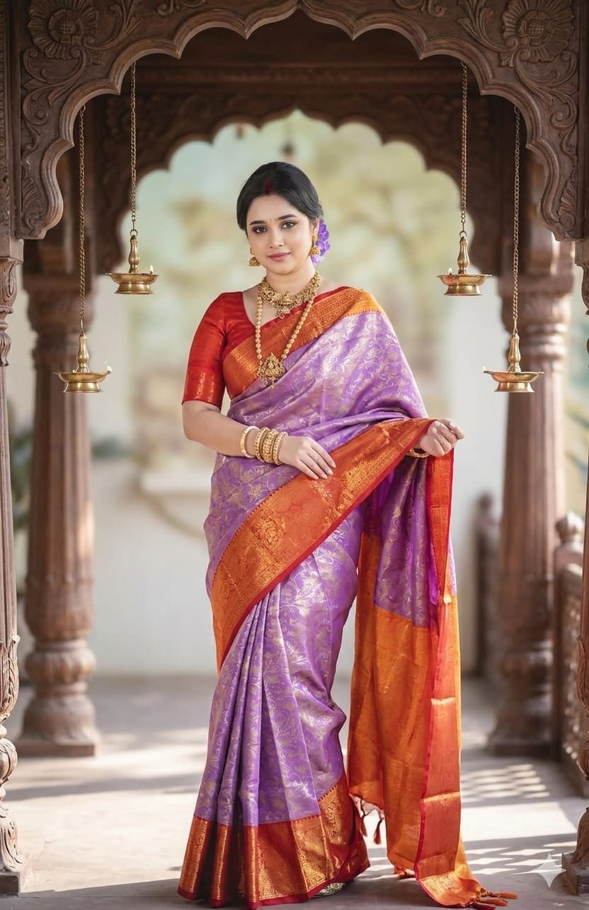 Royal Kanjivaram Katan Saree with Blouse Piece - Lavender & Orange