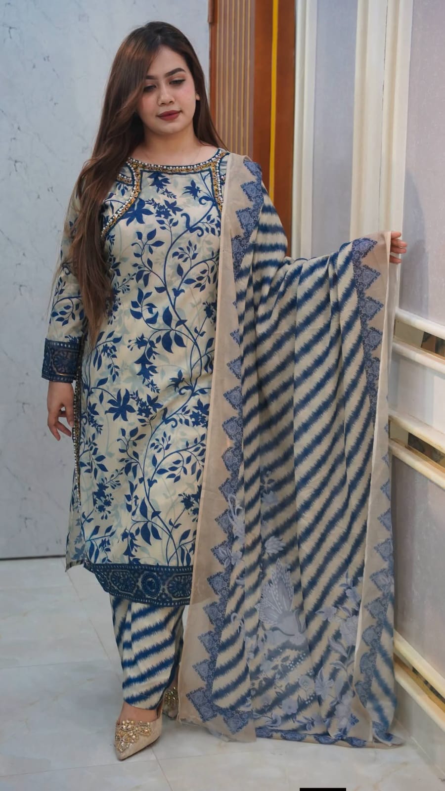 Digital Printed 3 Pieces – China Microstitch | Cream & Blue