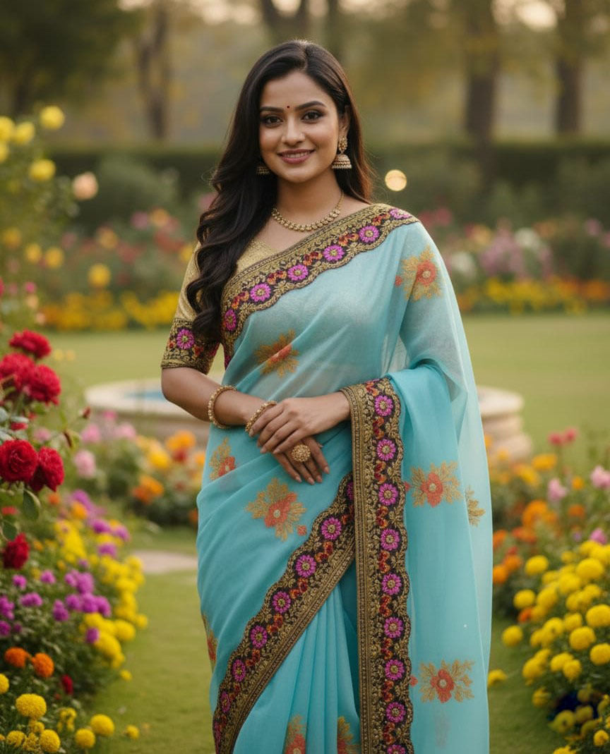 Premium Semi Muslin Sequence Embroidery Sharee with Running Blouse