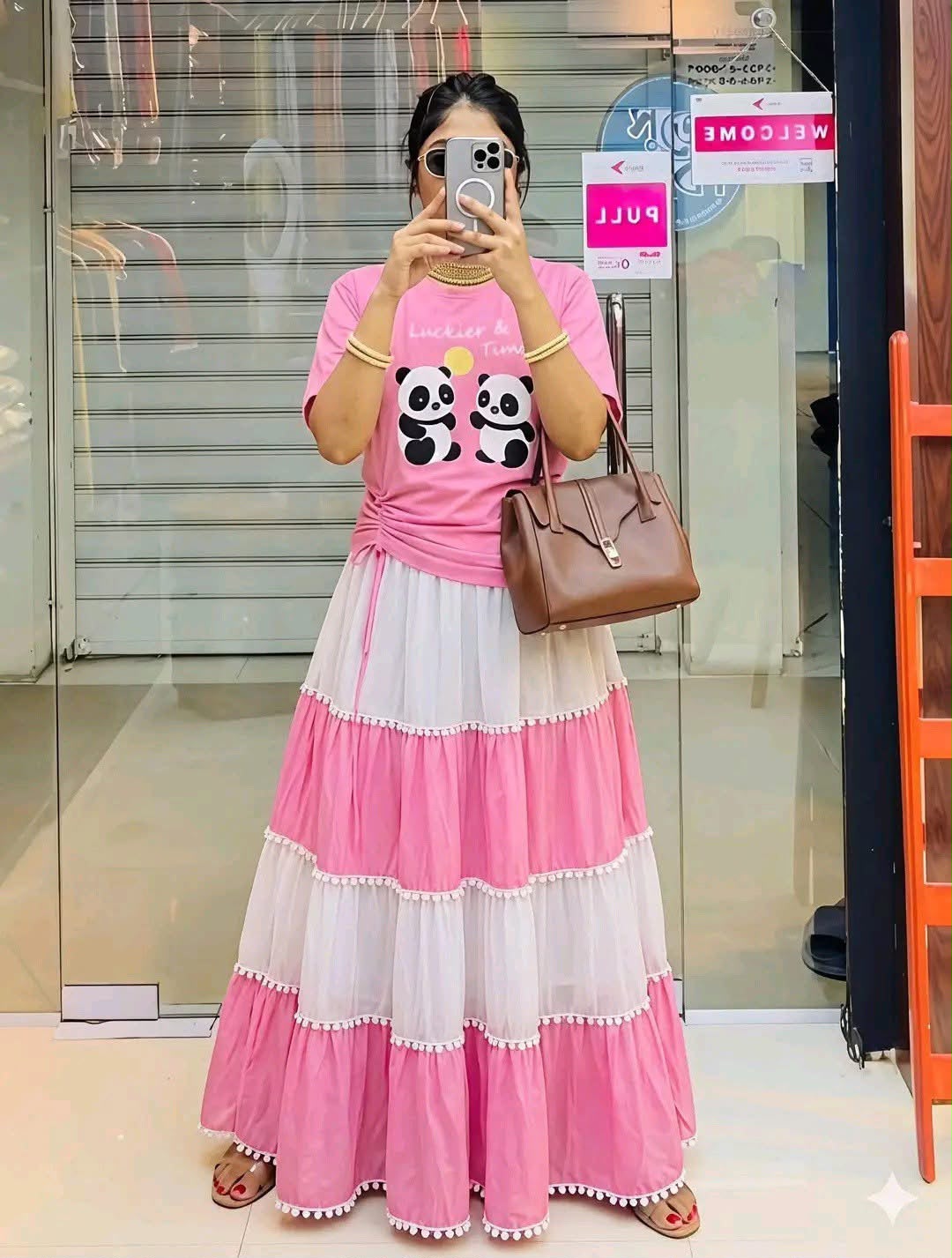 Skirt Set, Panda T-shirt, Georgette Skirt, Women Clothing, Two Piece, Raza Bazar