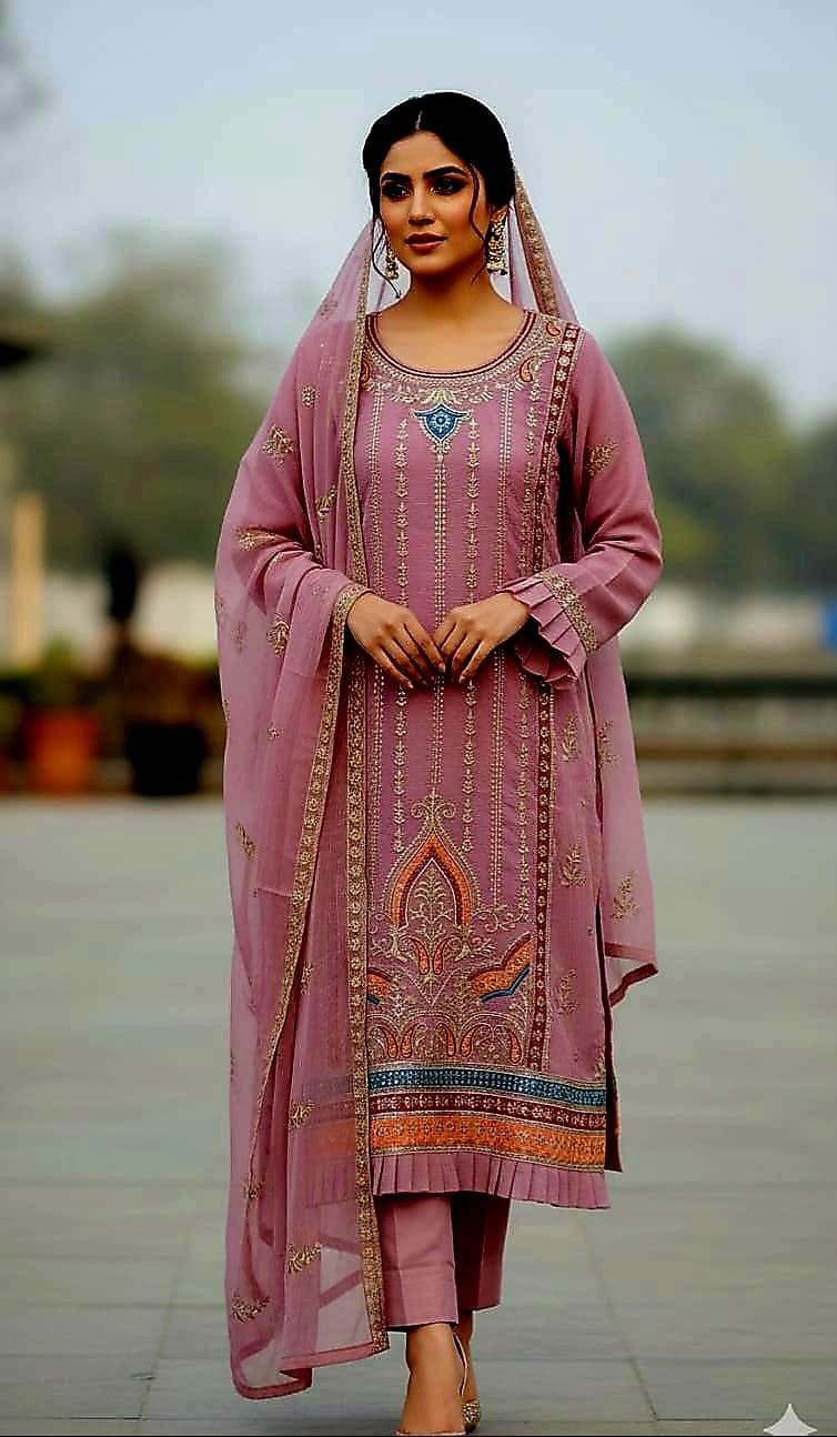 Pakistani Ready Made Party 4 Pieces – Cape Chiffon Georgette | Dusty Mauve