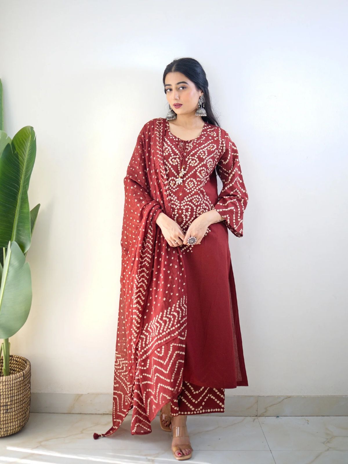 "SANCHI" Premium Cotton Chunri Print Three-Piece - Maroon