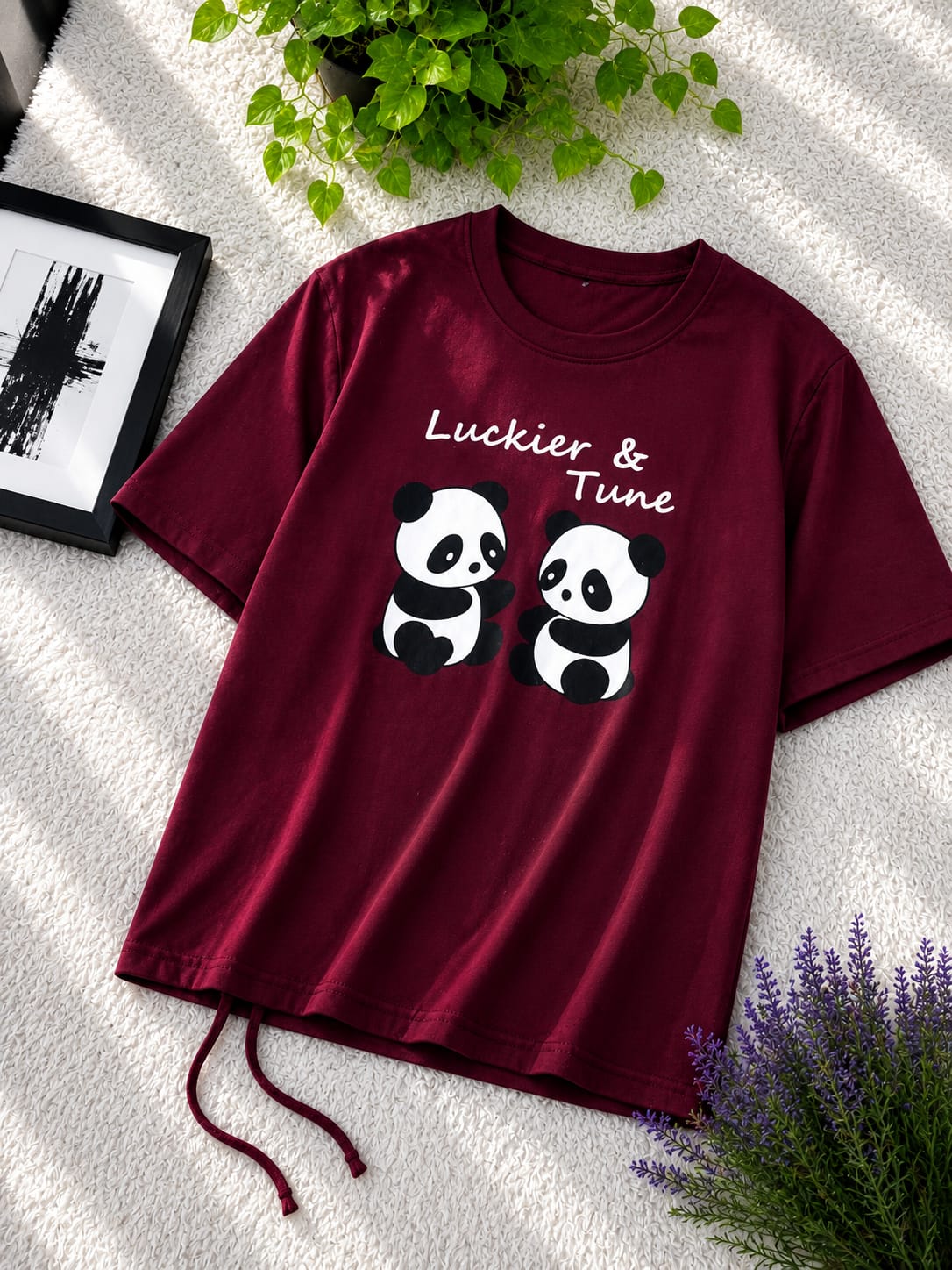 Premium Cotton Cute Panda Print Drop Shoulder T-Shirt with Adjustable Drawstring for Women