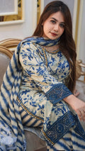 Digital Printed 3 Pieces – China Microstitch | Cream & Blue