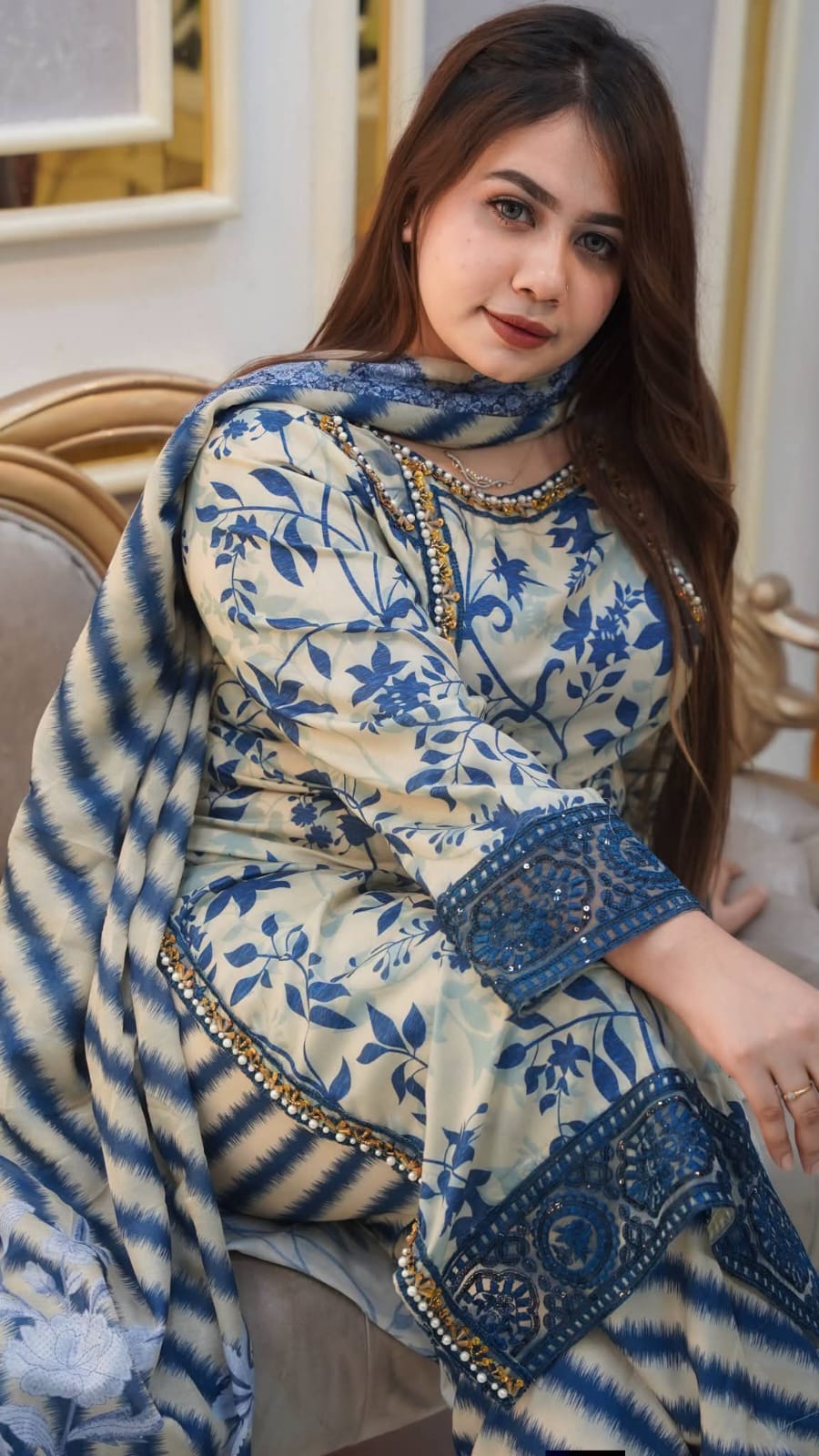 Digital Printed 3 Pieces – China Microstitch | Cream & Blue