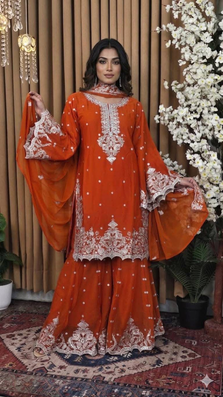 Premium Indian Georgette Embroidery Garara Dress - Orange