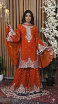 Premium Indian Georgette Embroidery Garara Dress - Orange