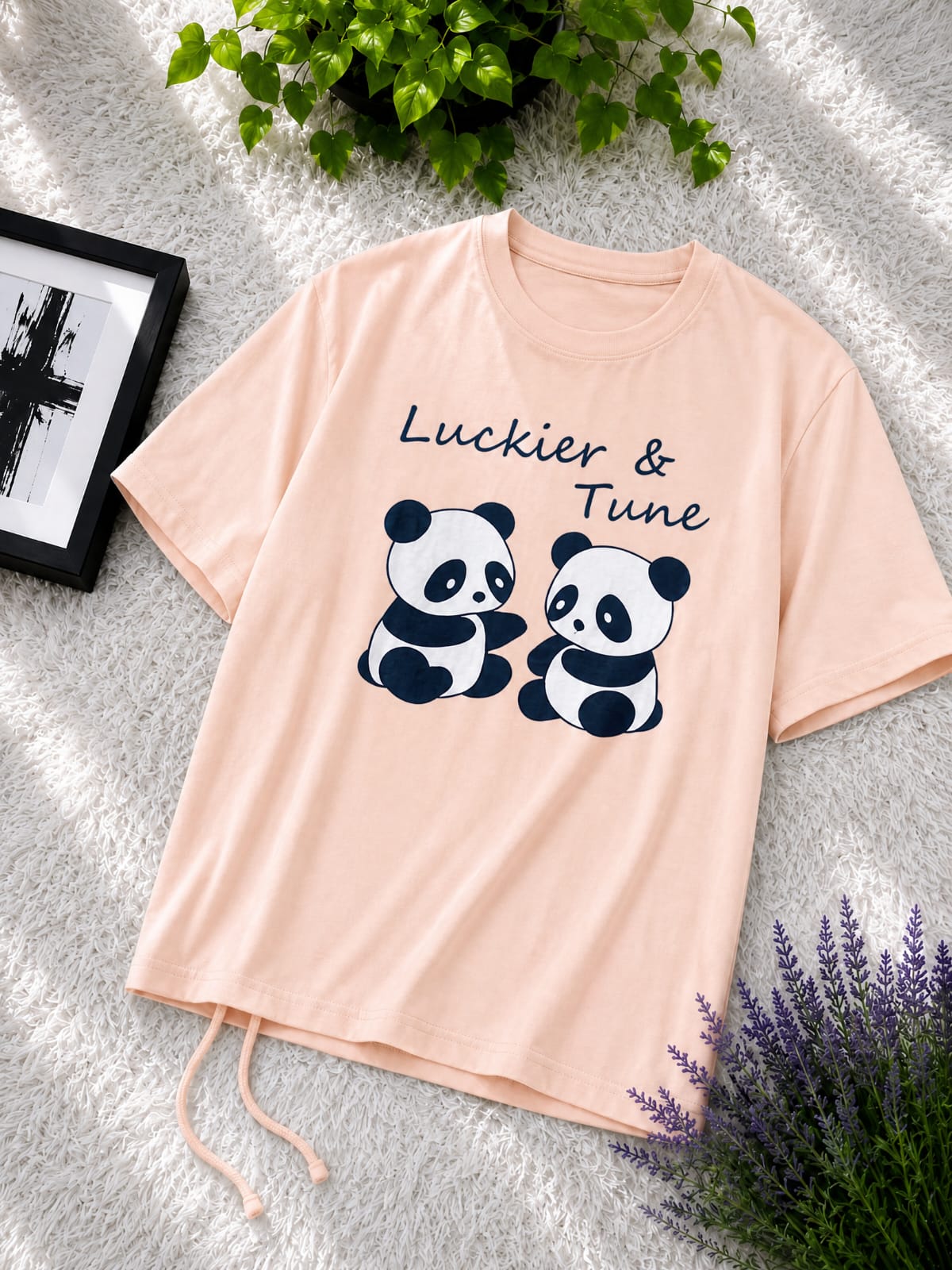 Premium Cotton Cute Panda Print Drop Shoulder T-Shirt with Adjustable Drawstring for Women