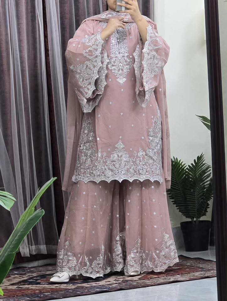 Premium Indian Georgette Embroidery Garara Dress - Orange