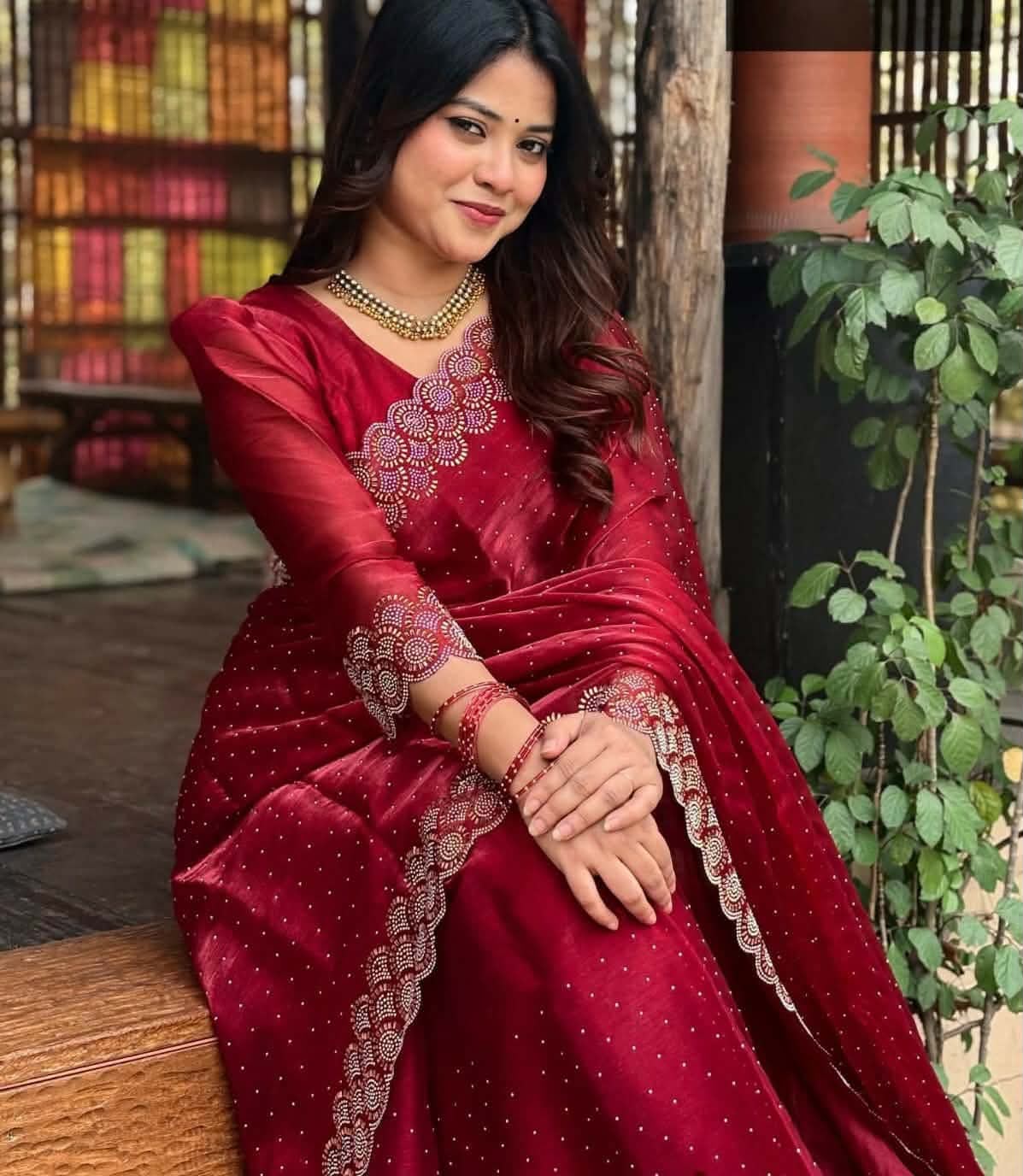 Exclusive Stone Work Georgette Saree with Matching Heavy Stone Blouse Piece
