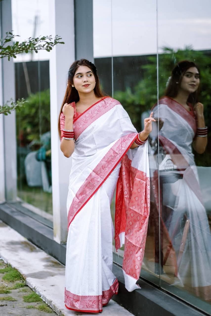 Elegant Kanjivaram Katan Saree with Blouse Piece - White & Red
