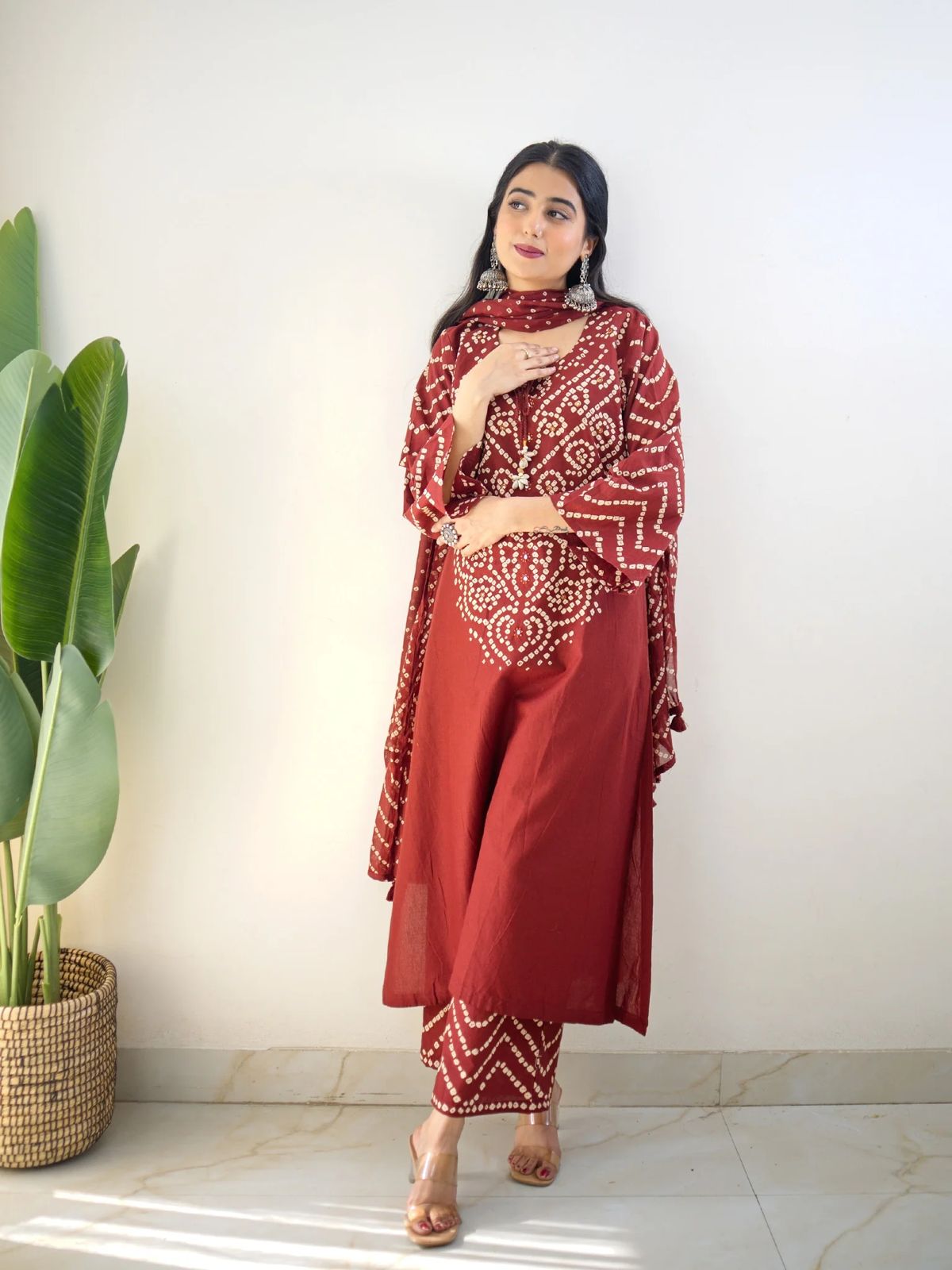 "SANCHI" Premium Cotton Chunri Print Three-Piece - Maroon