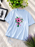 Premium Cotton Cute Panda Print Drop Shoulder T-Shirt with Adjustable Drawstring for Women