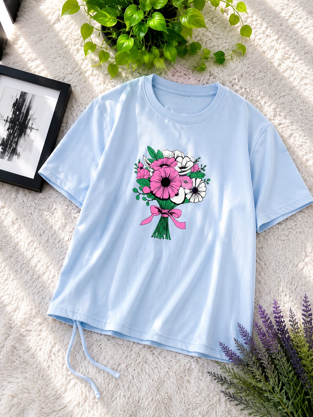 Premium Cotton Cute Panda Print Drop Shoulder T-Shirt with Adjustable Drawstring for Women