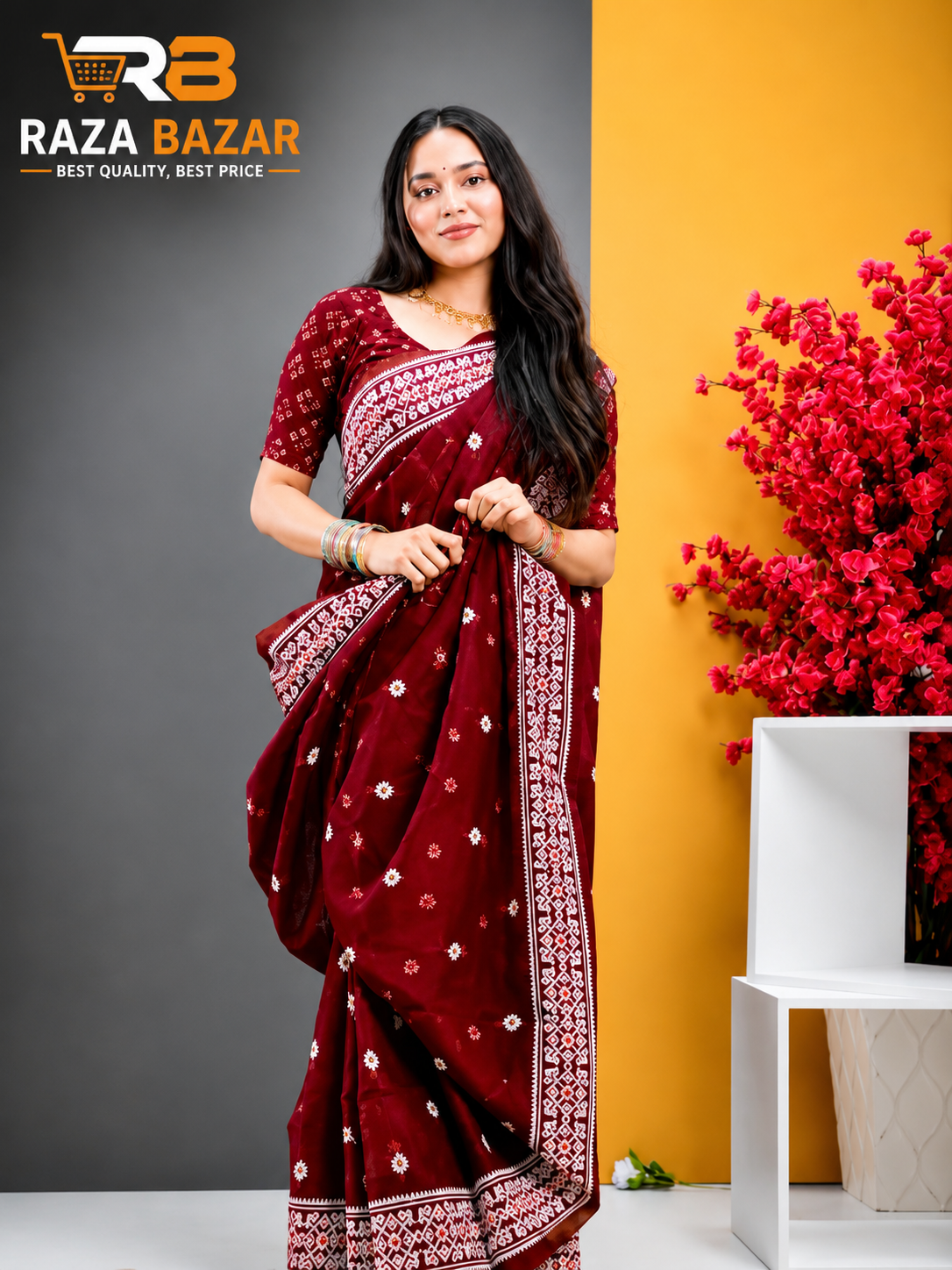 Half Silk Screen Print Saree with Jamdani Motif Design