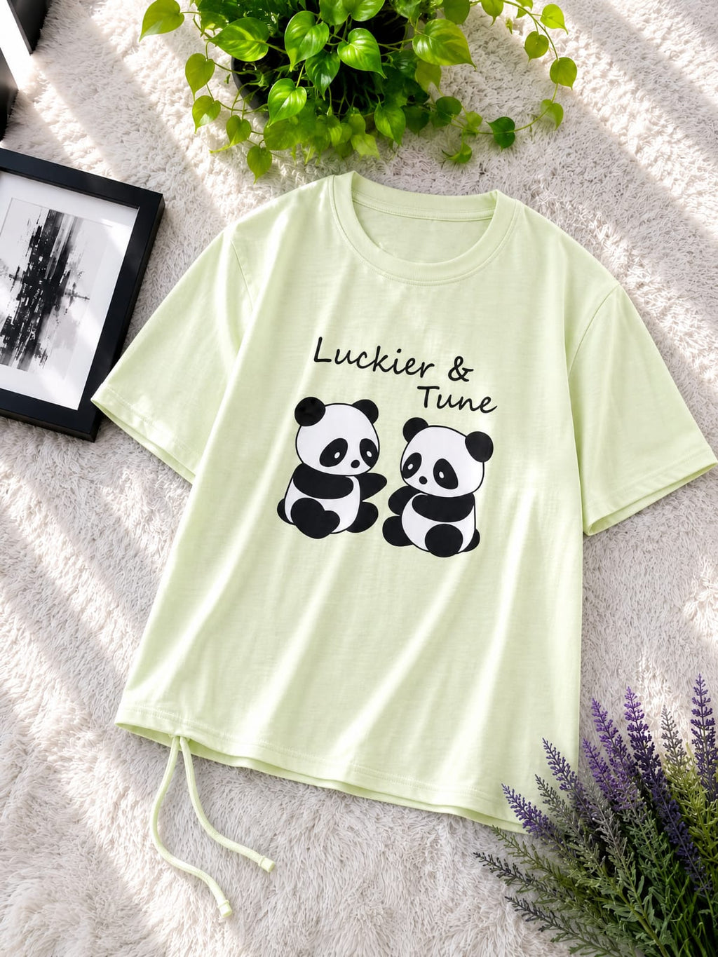 Premium Cotton Cute Panda Print Drop Shoulder T-Shirt with Adjustable Drawstring for Women