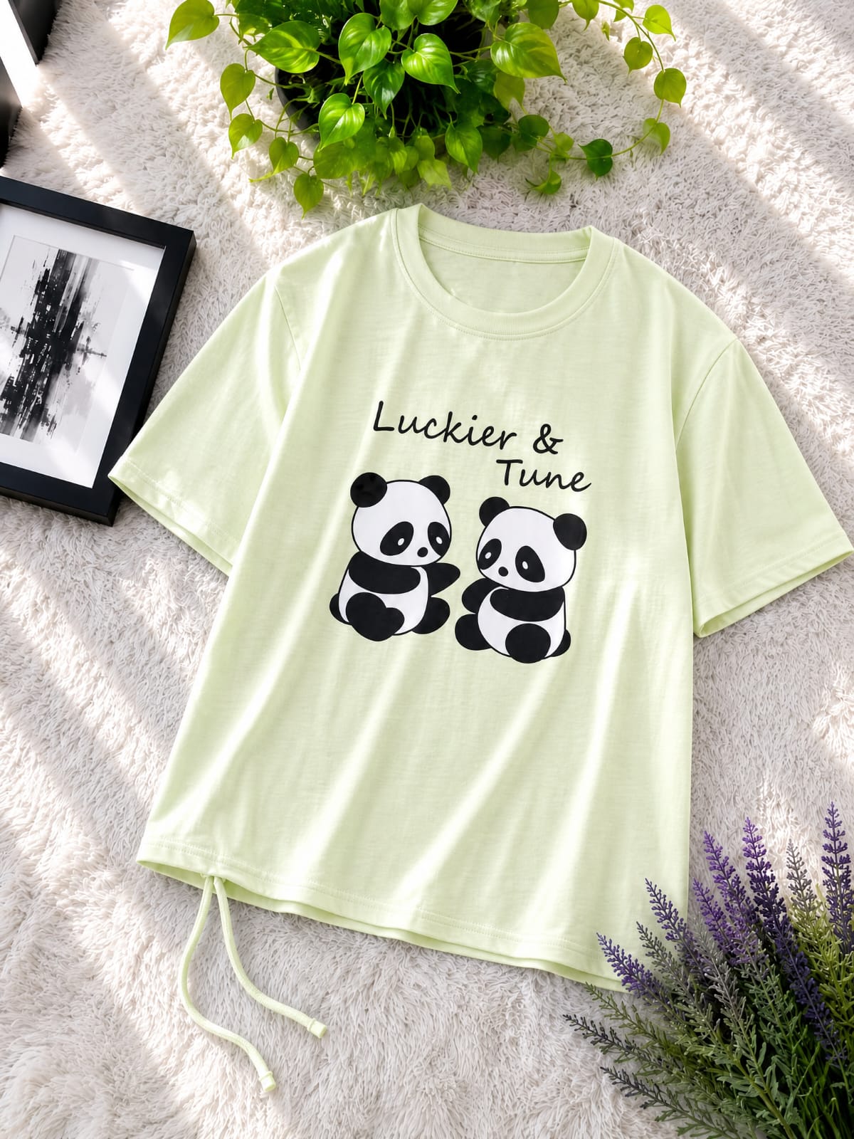 Premium Cotton Cute Panda Print Drop Shoulder T-Shirt with Adjustable Drawstring for Women