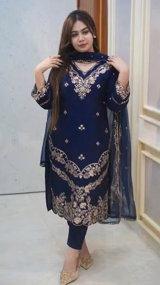 Exclusive Sequence Embroidery Work Rayon Cotton Three Piece