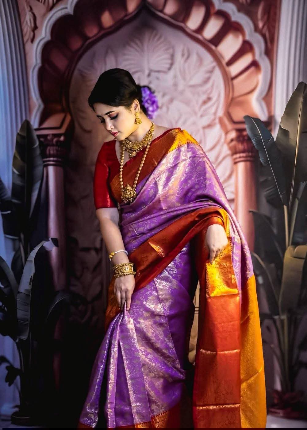 Royal Kanjivaram Katan Saree with Blouse Piece - Lavender & Orange