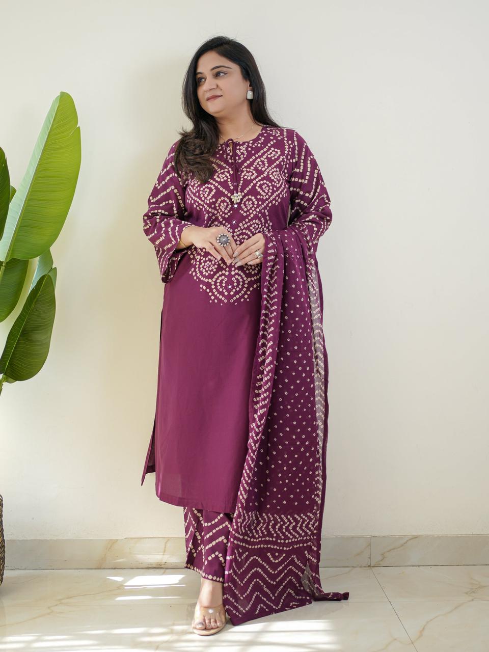 "SANCHI" Premium Cotton Chunri Print Three-Piece - Maroon