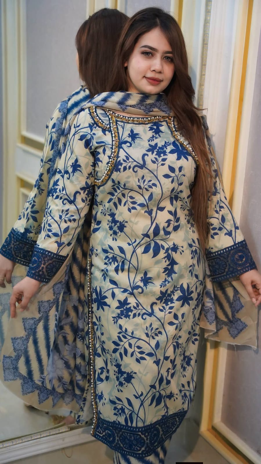 Digital Printed 3 Pieces – China Microstitch | Cream & Blue